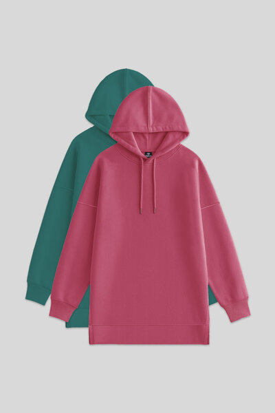 TOMMY LIFE Oversized Hooded Pack of Two Wild Rose-Sea Green Women's Tunic Sweatshirt - 97242