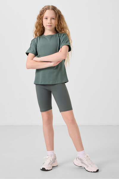 TOMMY LIFE Χακί βαμβακερό κοντό πόδι Standard Fit Basic κοριτσίστικο κολάν - ...