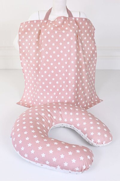 Umaybebek Emzirme Yastığı, Emzirme Önlüğü Set - Pamuklu Kumaş - Pudra Yıldız