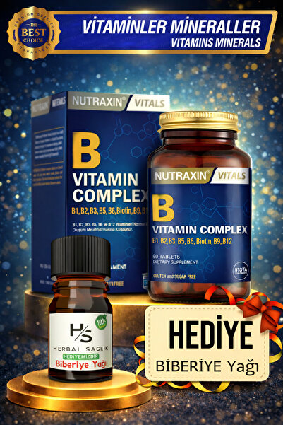 Nutraxin B Complex- (B1-B2-B3-B5-B6-B12) 60 Adet Vitamin Tablet + HEDİYE BİBERİYE YAĞI