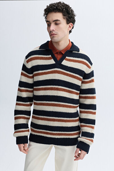 Mudo Striped Loose Fit Polo Neck Sweater