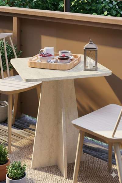 HMC DECOR Modern 60cm Kare Yemek Masası-Balkon Masası-Mutfak Masası Traverten (SANDALYELER TEMSİLİDİR)