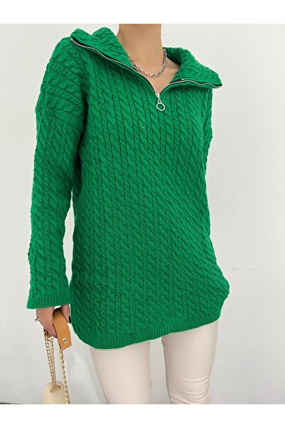 Modamorfo Yarım Fermuarlı Boğazlı Kışlık Triko Kazak -Zümrüt