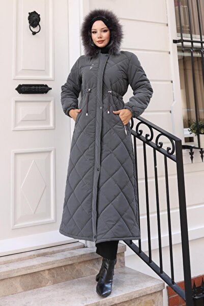 Missvalle Zippered Hooded Quilted Coat Gray 19277