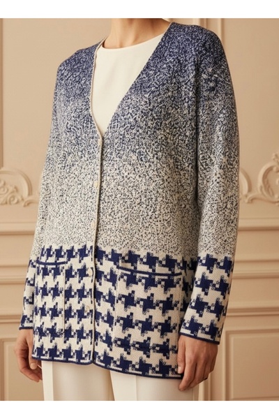 TEK Tri̇ko Patterned Goose Feet - Modern Young Mother Cardigan / Indigo Stone