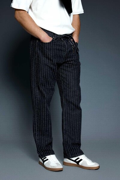 ablukaonline Men's Patterned Belt Detailed Baggy Fit Jeans Black