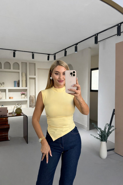 Sezgi Tekin High Neck Drape Detail Yellow Asymmetrical Cut Blouse