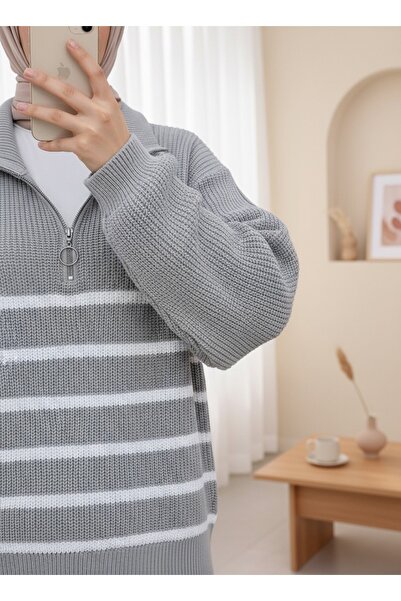 HİJABAYA Pulover din tricot cu dungi laterale cu jumătate de fermoar