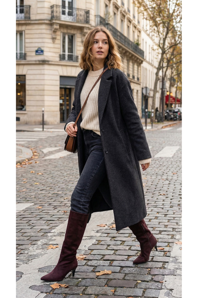 Ayakkabı Delisiyim Бордовий замшевий жіночий чобіт з міні-каблуком, нижче кол...