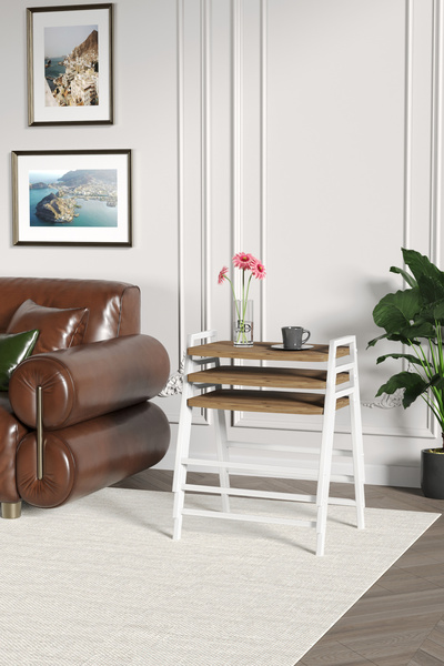 ED Efelez Design Zigon Sehpa , Aden 3'lü Tepsi Zigon Sehpa Takımı Beyaz Metal...