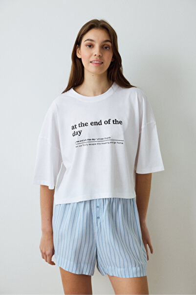 Penti Optik Beyaz Lilah Bisiklet Yaka Slogan Baskılı Crop Pamuklu Pijama Üstü