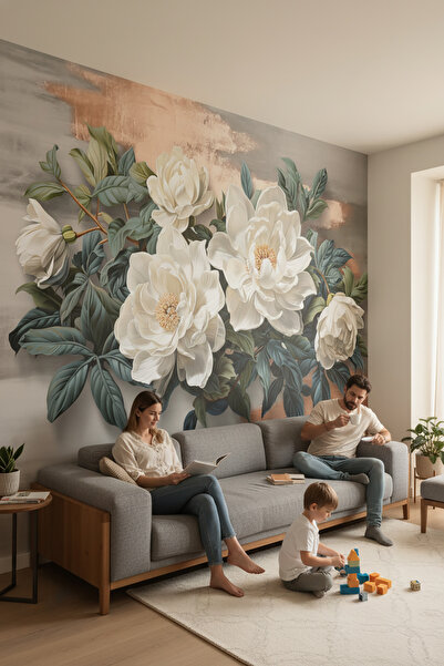 dreamwall 3D Beyaz Çiçek Desenli Gri ve Bakır Metalik Arka Planlı Tekstil Duvar Kağıdı