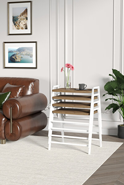 ED Efelez Design Zigon Sehpa , Aden 4'lü Tepsi Zigon Sehpa Takımı Beyaz Metal...