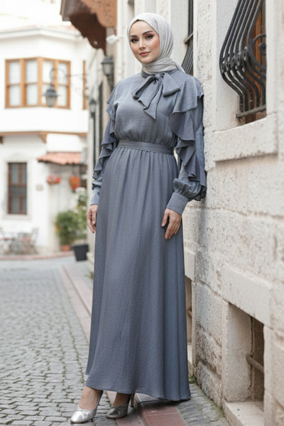 benguen Γυναικείο φόρεμα με βολάν με λεπτομέρειες με ζώνη 2092 γκρι