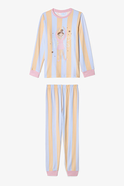 Penti Hellblaues Ballett-Pyjama-Set mit Streifen und langen Ärmeln für Mädchen