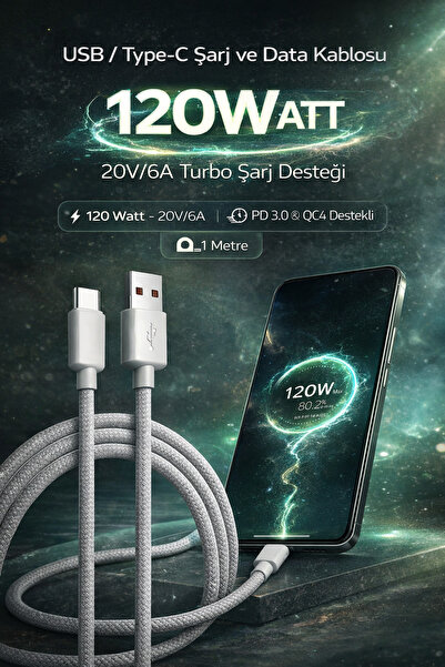 Etiget 120W PD 3.0 & QC4 Destekli USB to Type-C Hızlı Şarj ve Data Kablosu – ...