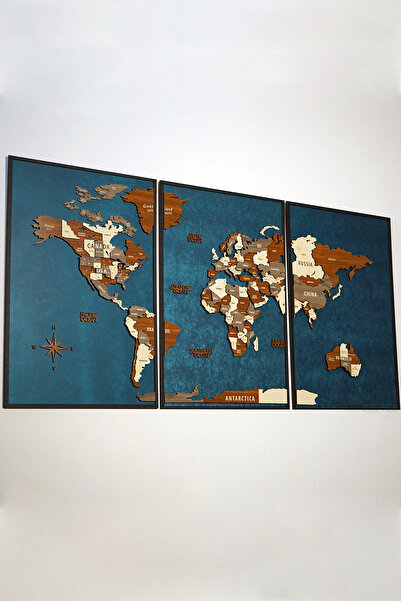 Colorfull Worlds 3d Çok Katmanlı Çerçeveli Ahşap Dünya Haritası - Ev Ofis Hed...