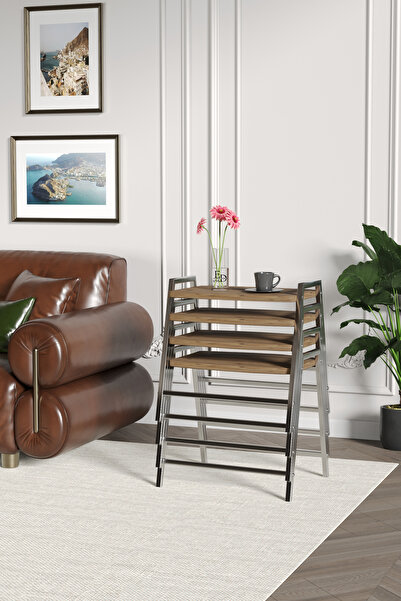 ED Efelez Design Zigon Sehpa , Aden 4'lü Tepsi Zigon Sehpa Takımı Gümüş Metal...