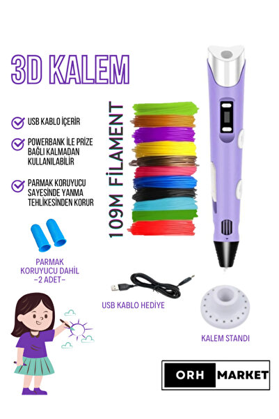 ORH Market MOR 3d Kalem 3d Pen Yazıcı Kalem – Çok Renkli Pla Filament (Toplam...