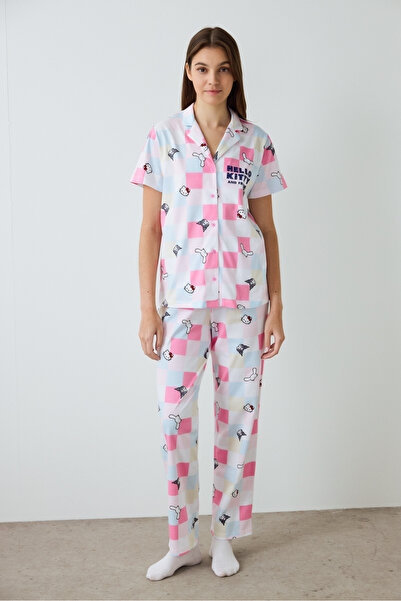Penti Optisches weißes Hello Kitty-Pyjama-Set aus kariertem Hemd und kurzärmliger Baumwolle