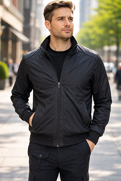 REMSA سترة موسمية بسحاب للرجال REU-9114 باللون الأسود