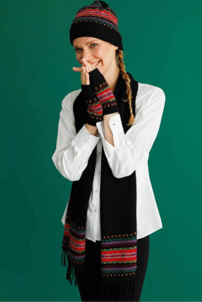 Desen Triko Women's Jacquard Wool Gloves 25074 Black