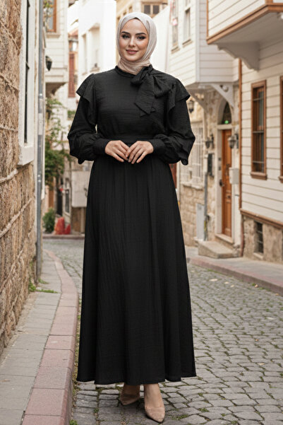 benguen Women's Black Belted Ruffle Detail Dress - 2092