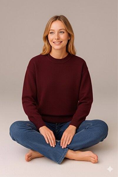 YUGA KNİTTİNG سترة نسائية تريكو أساسية بياقة دائرية ونسيج ناعم بمقاس كبير