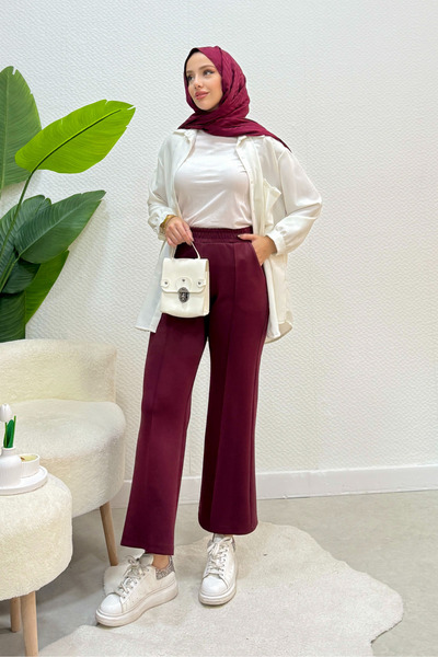 Tesettür Diyarı بنطال حجاب باريه مرن من نسيج الغوص - بوردو
