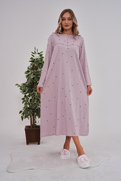 Mecit Pijama Women's Large Size Long Sleeve Interlock Fabric Mother's Nightgown 100% Cotton