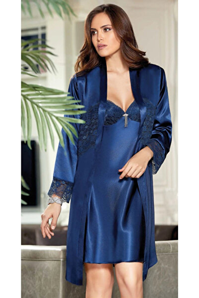 Jeremi 485 Gecelik Sabahlık Dantelli Ipek Saten 6'lı Set Çeyiz Takım Pudra