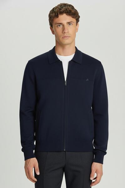 Sabri Özel Lacivert Comfort Fit Yünlü Polo Yaka Astarlı Fermuarlı Triko Mont