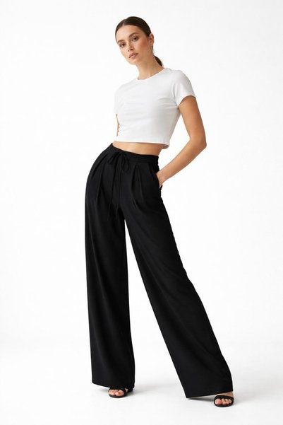 Sagre&Sisters Wide-Legged Black Trousers with Lace Detail - Comfortable Fit Stylish Casual Trousers