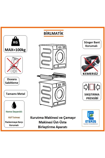 etepzo Kurutma Makinesi ve Yıkama Makinesi Üst-Üste Birleştirme Aparatı Metal...