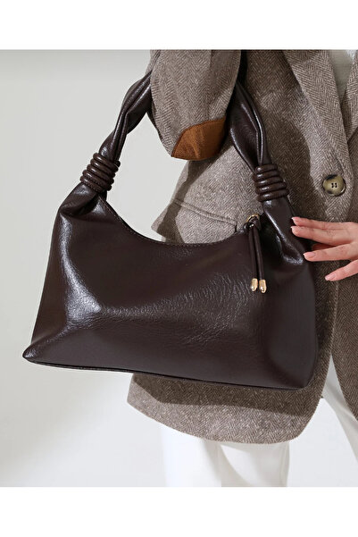 Melos Butik Geantă de mână și de umăr din piele baguette cu nod dublu, maro a...