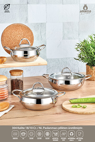 Amboss طقم قدور ستون 6 قطع من الفولاذ المقاوم للصدأ مع أغطية زجاجية - ستان 5698