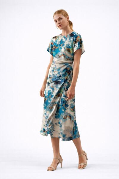 MG GİYİM STORE Women's Patterned Satin Midi Dress Short Sleeve Draped Cut