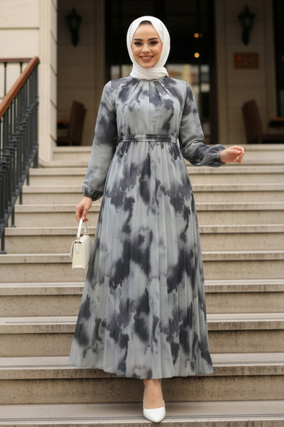 N.S NEVA STYLE Rochie Hijab Gri cu Motiv Floral 344602GR