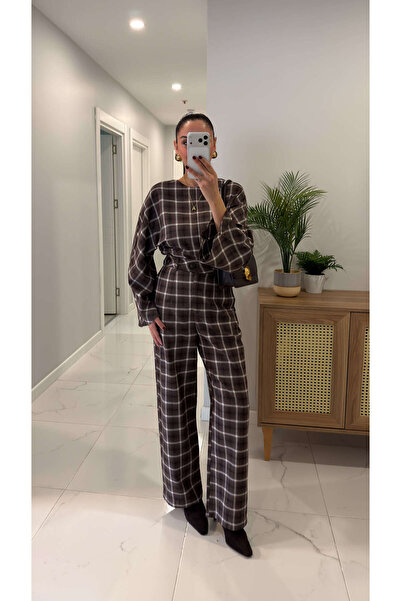 BİRCANÇİL Italy Brown Plaid Blouse Pants Set