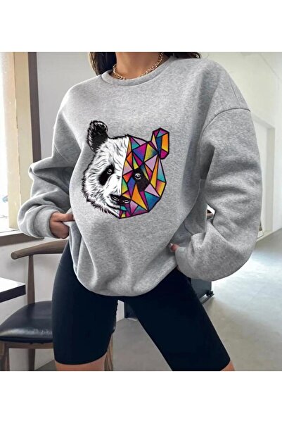 CAST COLLECTİON Γυναικείο φούτερ με στάμπα Panda σε γκρι χρώμα και λαιμόκοψη ...