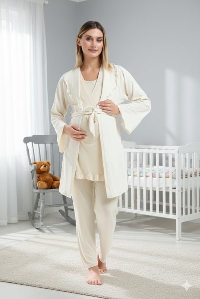 Pelin Women's Beige Shawl Collar Maternity Pajama Set with Hidden Nursing Feature, 3-Piece