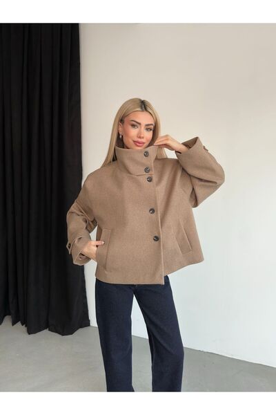 ParlaMira Women's Mock Neck Cotton Textured Premium Cashmere Coat