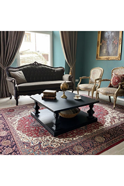 Ahlat Ağacı Ahşap Atölyesi Siyah Klasik Kare Orta Sehpa Lüks Raflı Sehpa Retr...