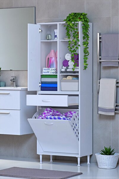 Eliusta Mira Dolap 6 Bölme Çok Fonksiyonlu Banyo Dolabı 55 cm Beyaz Sepetli D...