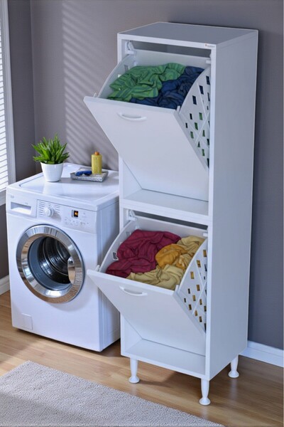 Eliusta Veluna 45 cm Kirli Çamaşır Sepetli Dolap Banyo Dolabı Beyaz 45x173x32...