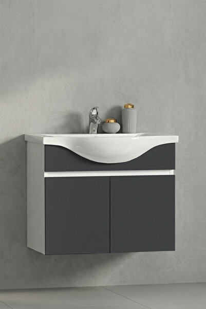 ÖZCEDEN Yıldız 55 cm Beyaz- Antrasit Gri Mat MDF Seramik Lavabolu Asma Banyo ...