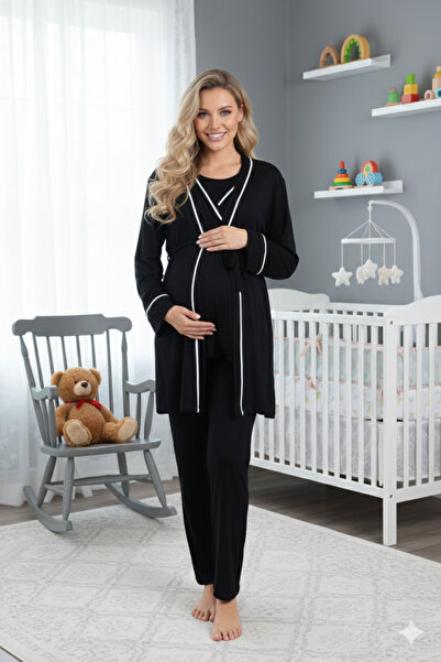 Pelin Women's Black Adjustable Waist Piped Maternity Pajama Set with Hidden Nursing Feature, 3-Piece Maternity Pajama Set