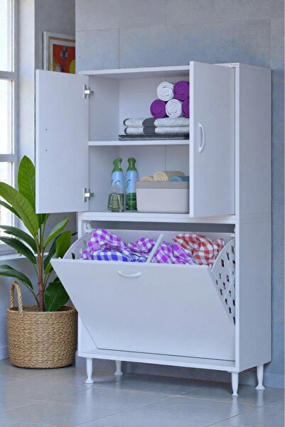 Eliusta Miretta Üst Bölme Kapaklı Altı Kirli Sepetli Dolap 85 cm Genişlik Bey...