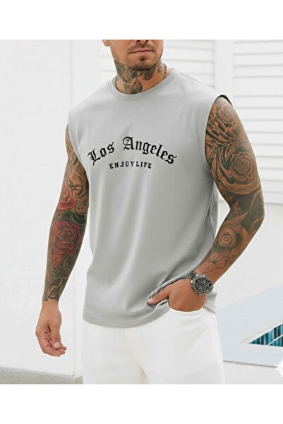 BW Bravely Wear LOS ANGELES ENJOY LIFE Baskılı Sıfır Kol Erkek Basic Kolsuz S...