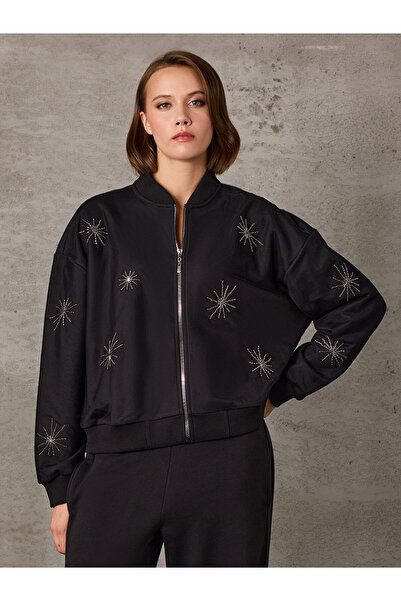 Unique Jachetă bomber din fleece cu capac din tul brodat în față